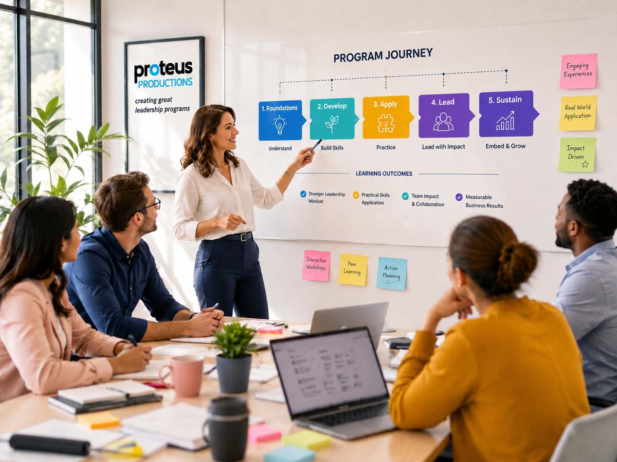 A facilitator walking a team through the five-stage program journey on a wall chart