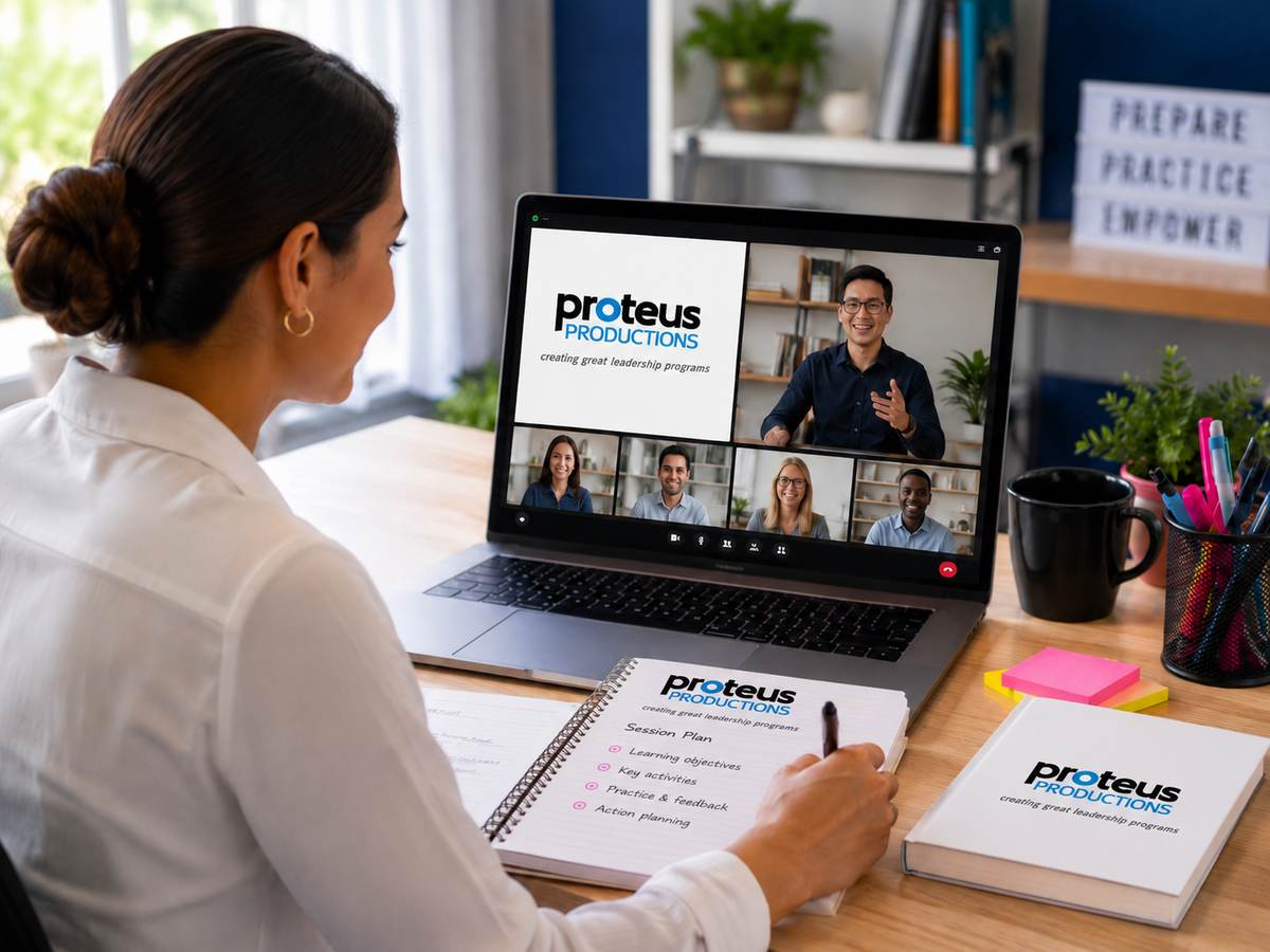 A participant working through a tailored Proteus Productions workbook at her desk