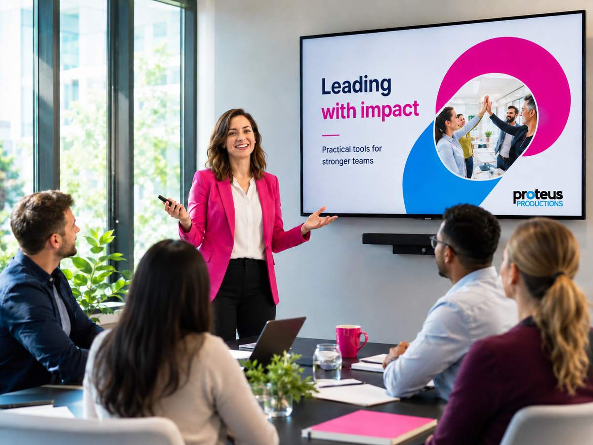 A facilitator delivering a leadership presentation to a room of leaders