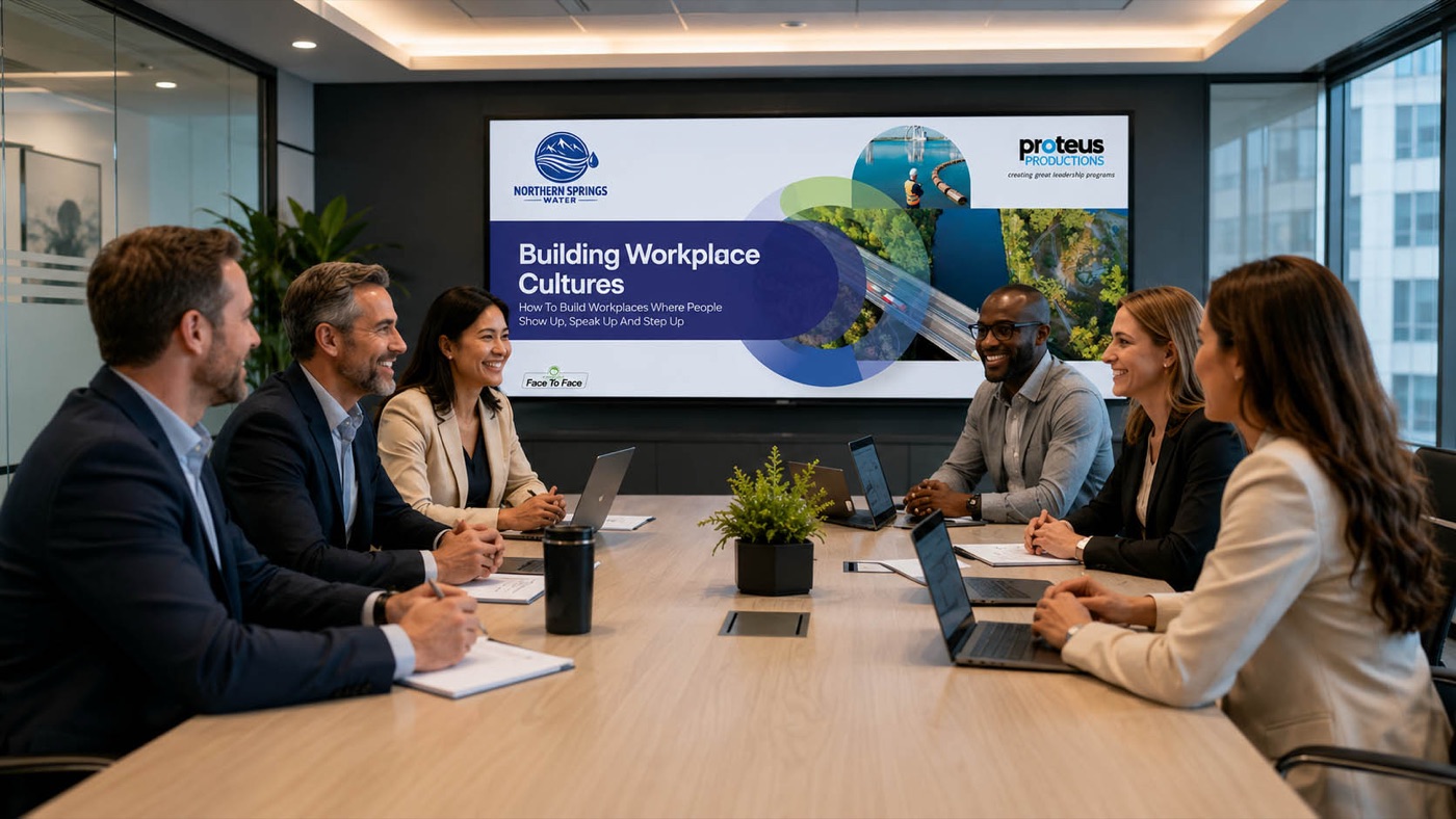 A leadership team reviewing a Proteus Productions program in a boardroom