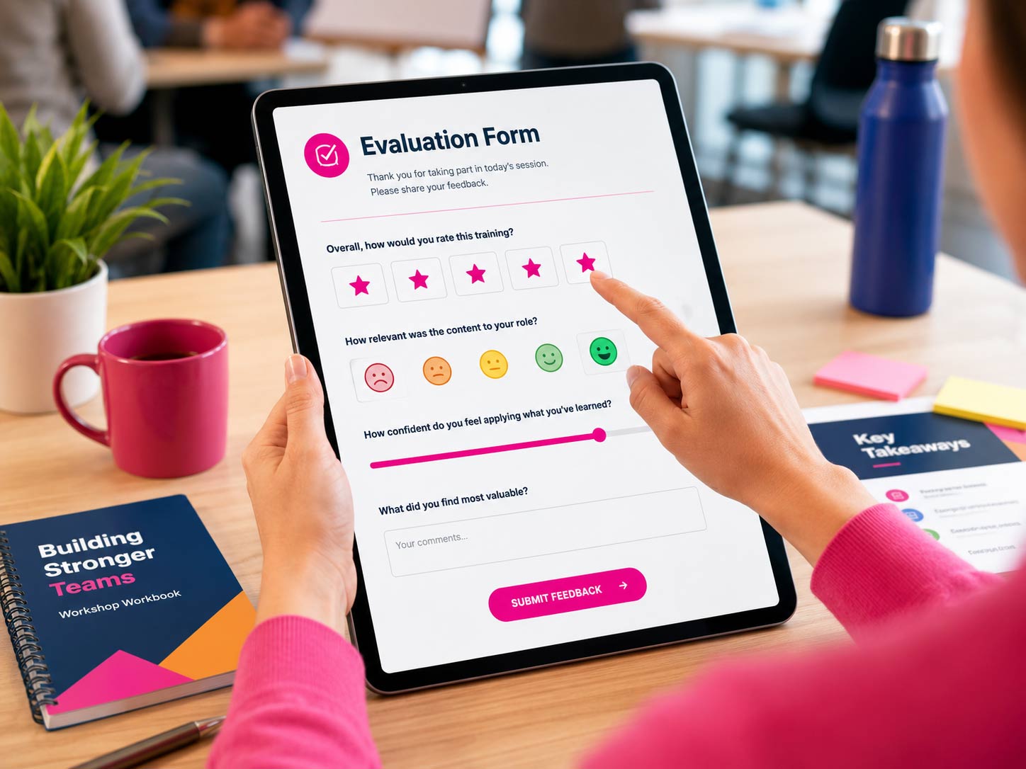 A participant completing a program evaluation form on a tablet
