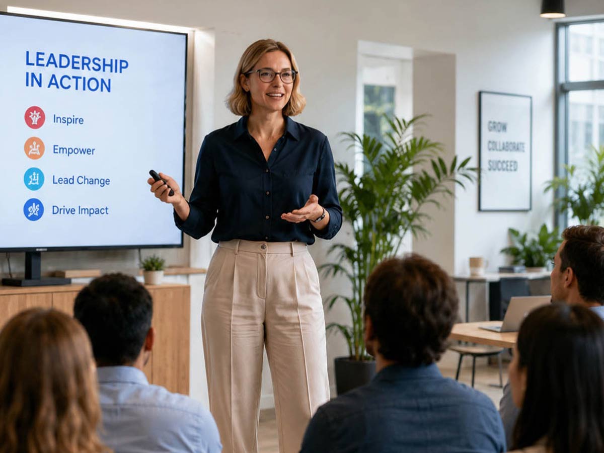 An internal facilitator presenting a Leading with Impact session to her team
